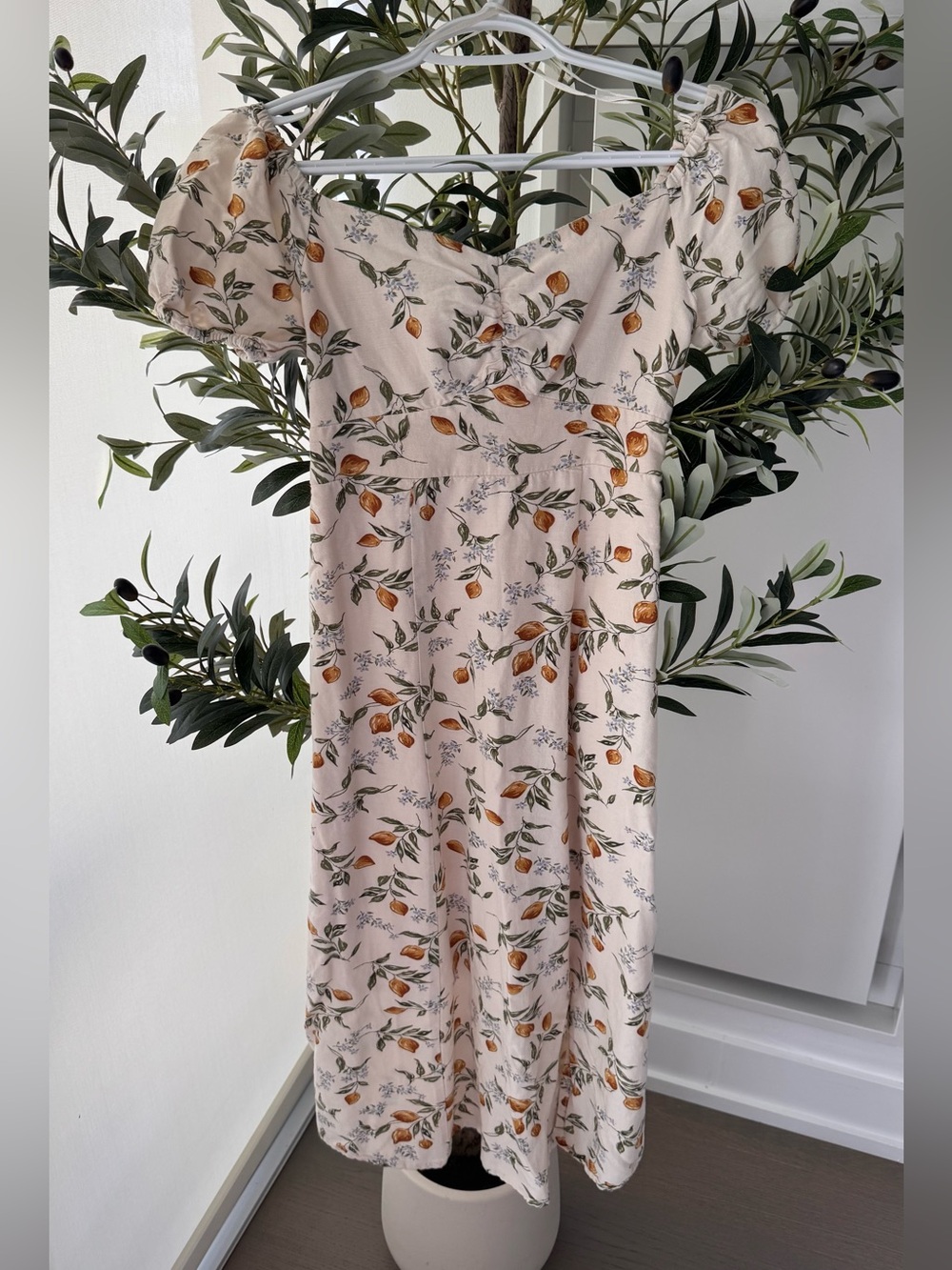 Floral Puff-Sleeve Midi Dress in Cream with Orange Print